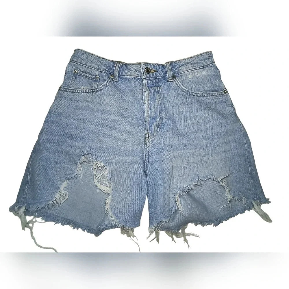 Women's High Waisted Distressed Bermuda Light  Blue Jean Button Fly Shorts, 8